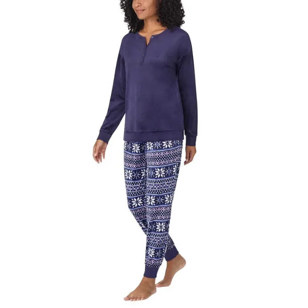 Nautica Womens 2-pc Pajama Set Snowflake Print Pants Henley Top Stretch Fleece